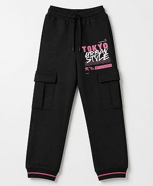 Pine Kids Knit Full Length Lounge Pant With Text Print & Side Pockets - Black