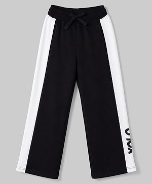 Pine Kids Knit Full Length Track Pant with Cut & Sew Design & Text Print - Black