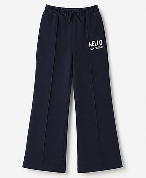 Pine Kids Cotton Knit Full Length Lounge Pants With Hello Enjoy Everyday Text Print- Navy Blue