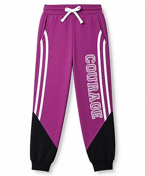 Pine Kids Cotton Knit Full Length Lounge & Track Pants With Text Print - Purple