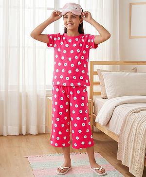 Pine Kids Cotton Knit Half Sleeves Co-Ords Floral Printed T-Shirt & Capri Night Suit - Red