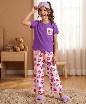 Pine Kids Cotton Knit Half Sleeves Floral Printed Top & Capri Night Suit - Lavender