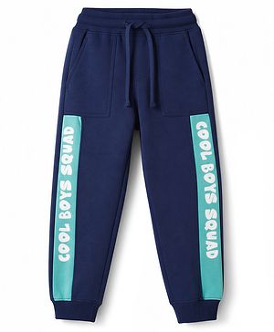 Pine Kids Cotton Knit Full Length Lounge Pant With Text Print - Navy Blue