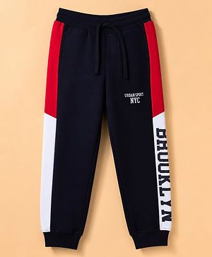 Pine Kids Knit Full Length  Lounge Pant with Cut & Sew Design & Text Print - Navy