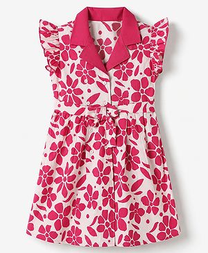 Pine Kids Cotton Woven One Piece Dress with Sleeveless and Floral Print in Dark Pink for 4-5 Years