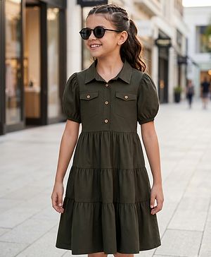 Pine Kids Twill Woven Half Sleeves Solid Tiered Shirt Dress - Olive Green