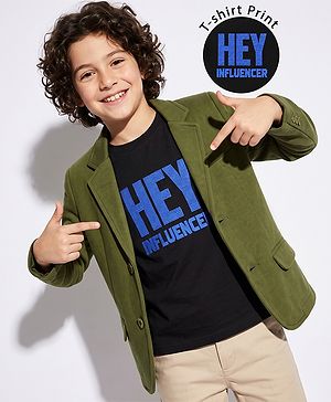 Pine Kids Cotton Mix Knit Full Sleeves Solid Blazer With T Shirt - Olive Green
