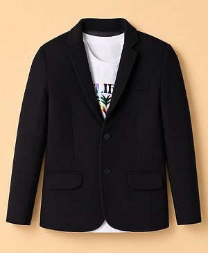 Pine Kids Cotton Mix Woven Full Sleeves Blazer With Text & Lion Printed T-Shirt - Black