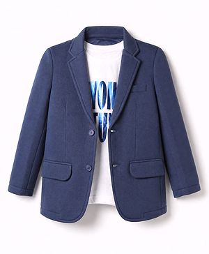 Pine Kids Cotton Mix Knit Full Sleeves Blazer With Text Printed Inner Tee - Navy Blue