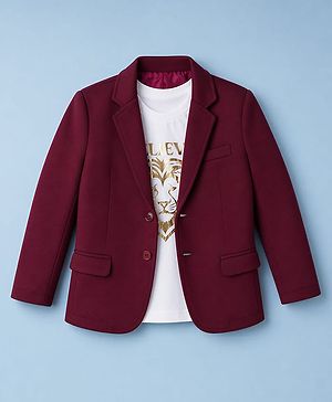 Pine Kids Cotton Mix Knit Full Sleeves Solid Blazer With Lion & Text Printed Inner Tee - Maroon