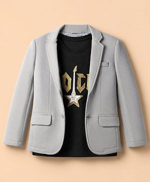 Pine Kids Cotton Mix Knit Full Sleeves Solid Blazer With Text Printed Inner Tee - Grey