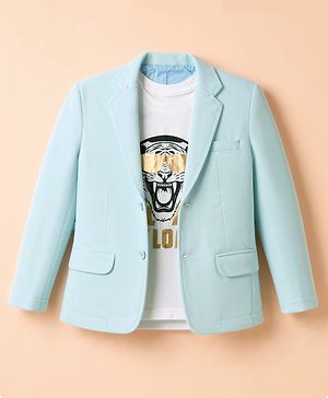 Pine Kids Cotton Mix Knit Full Sleeves Solid Blazer With Lion & Text Printed Inner Tee - Light Blue
