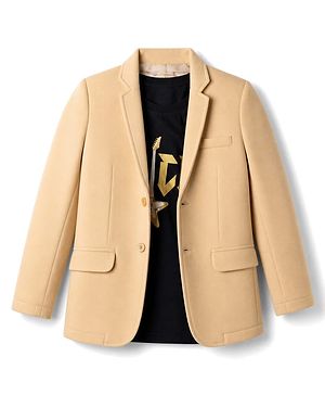 Pine Kids Cotton Knit Full Sleeves Blazer With Rock Text Print - Mustard