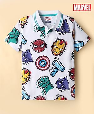 Pine Kids Marvel Single Jersey Knit Half Sleeves Polo T-Shirts with Marvel Print - White