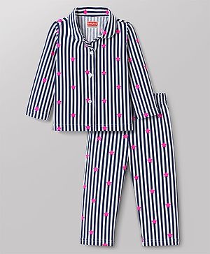 Babyhug Cotton Knit Full Sleeves Shirt & Pyjama Co-Ord Striped Night Suit With Star Print - Navy Blue