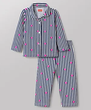Babyhug Cotton Knit Full Sleeves
                              Shirt & Pyjama Co-Ord Striped Night
                              Suit With Star Print - Navy Blue