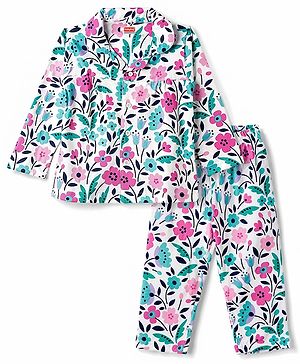 Babyhug 100% Cotton Knit Full Sleeves Shirt & Pyjama Night Suit with Floral Print - White