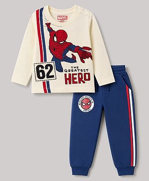Babyhug Marvel Single Jersey Knit Full Sleeves T-Shirt & Joggers Set With Spiderman Graphic - Blue