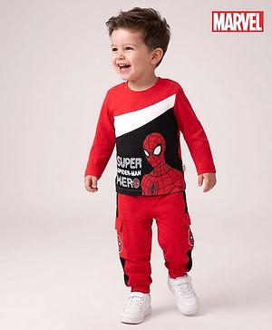 Babyhug Marvel Single Jersey Knit Full Sleeve Cut and Sew T-shirt & Joggers Set With Spider-man Graphics - Red