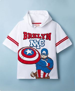 Pine Kids Marvel Cotton Single Jersey Knit Drop Shoulder Hooded T-Shirt with Half Sleeves and Captain America Print - White