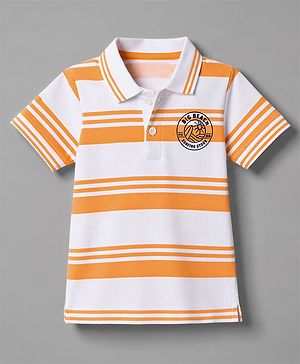 Babyhug Cotton Knit Half Sleeves Polo T-Shirt with Striped & Beach Print - Whte