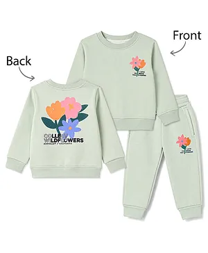 Smarty Girls Fleece Knit Full Sleeves
                              Sweatshirt & Pant Set With Floral
                              Print - Green