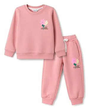 Smarty Girls Fleece Knit Full Sleeves
                              Sweatshirt & Pant Set With Floral
                              Print - Pink