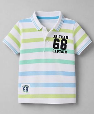 Babyhug 100% Cotton Knit Half Sleeves Polo T-Shirt with Stripes & Jr. Team Captain Print- White