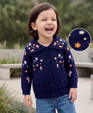 Babyhug Knit Full Sleeves Floral Embroidered Front Open Sweater With Cable Knit - Navy Blue