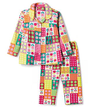 Babyhug 100% Cotton Knit Full Sleeves Shirt & Pyjama Night Suit with Floral Print - Pink & Yellow