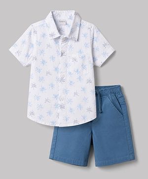 Babyhug 100% Cotton Woven Half Sleeves Shirt & Shorts Set With Floral Print - White