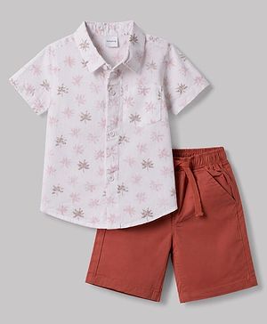 Babyhug 100% Cotton Woven Half Sleeves Tropical Theme Printed Shirt & Shorts Set - White & Dark Peach