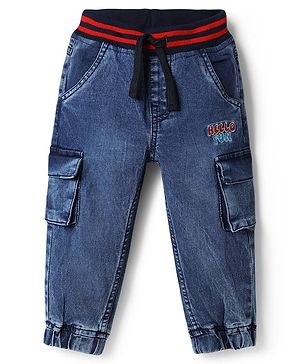 Babyhug Cotton Lycra Denim  Full Length Text Embroidered Washed Jeans With Stretch & Cargo Pockets - Blue