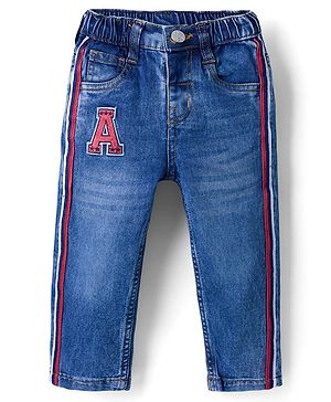 Babyhug Denim Full Length Washed Jeans with Stretch & Text Patch- Blue