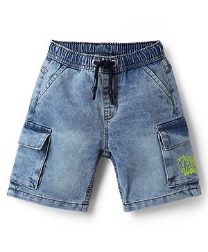 Babyhug Cotton Lycra Denim Mid Thigh Beach Theme Printed Washed Shorts With Cargo Pockets & Stretch - Blue