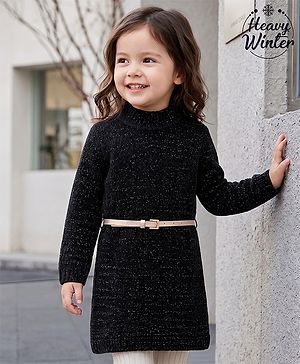 Babyhug Knit Full Sleeves Solid Colour Turtle Neck Sweater Dress with Belt- Black
