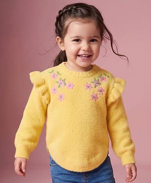 Babyhug Knit Full Sleeves Pullover with Floral Embroidery - Yellow