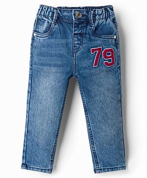Babyhug Cotton Lycra Full Length Washed Denim Jeans With Number Embroidery - Blue
