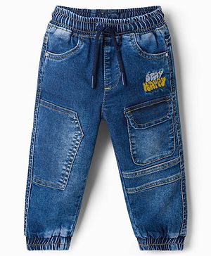Babyhug Cotton Lycra Full Length Washed Denim Jeans with Text Embroidery & Stretch - Navy Blue