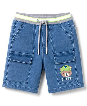 Babyhug Denim Mid Thigh Length Bermuda with Bear Print - Light Blue