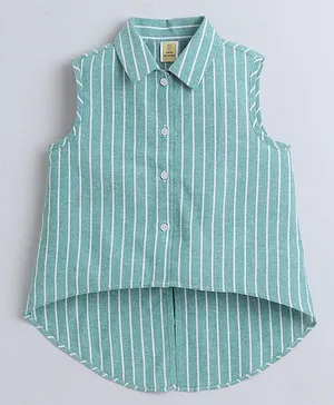 Aww Hunnie Cotton Woven Sleeveless
                              Striped High Low Shirt Style Top - Green