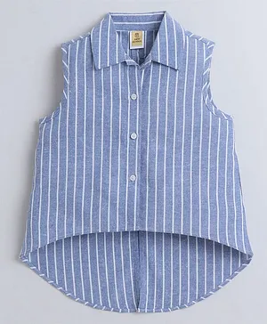 Aww Hunnie Cotton Woven Sleeveless
                              Striped High Low Shirt Style Top - Blue