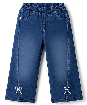 Babyhug Cotton Lycra Denim Full Length Washed Jeans With Stretch & Bow Applique - Navy Blue