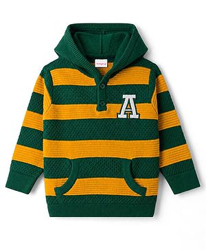 Babyhug Knit Striped Hooded Sweater with Kangaroo Pocket - Green
