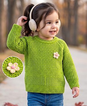 Babyhug Knit Full Raglan Sleeves Solid Colour Cable Knit Designed Pullover with Floral Applique - Limegreen