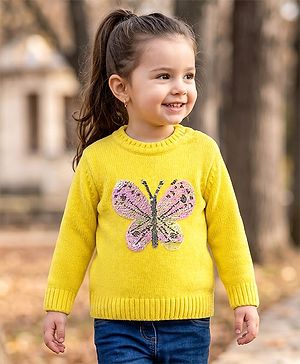 Babyhug Knit Full Sleeves Sequinned Butterfly Design Pullover Sweater - Yellow