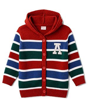 Babyhug Knit Full Sleeves Hooded Front Open Sweater with Stripes - Multicolour