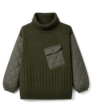 Pine Kids Knit Full Sleeves Pullovers With Cable Knit Design   - Olive Green
