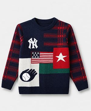 Pine Kids Knit Pullover with Full Sleeves and Flag Embroidery - Blue