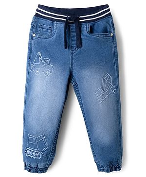 Babyhug Cotton Lycra Denim Full Length Jogger With Vehicle Embroidery - Navy Blue